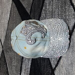 FLEUR-DE-LIS RHINESTONES STUDDED DISTRESSED FAUX-LEATHER DENIM CAP HAT